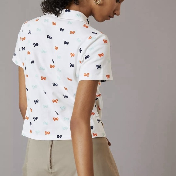 Maeve Anthropologie Women's XS Embroidered Bow Polo Shirt Girlhoodcore Preppy - Picture 2 of 7